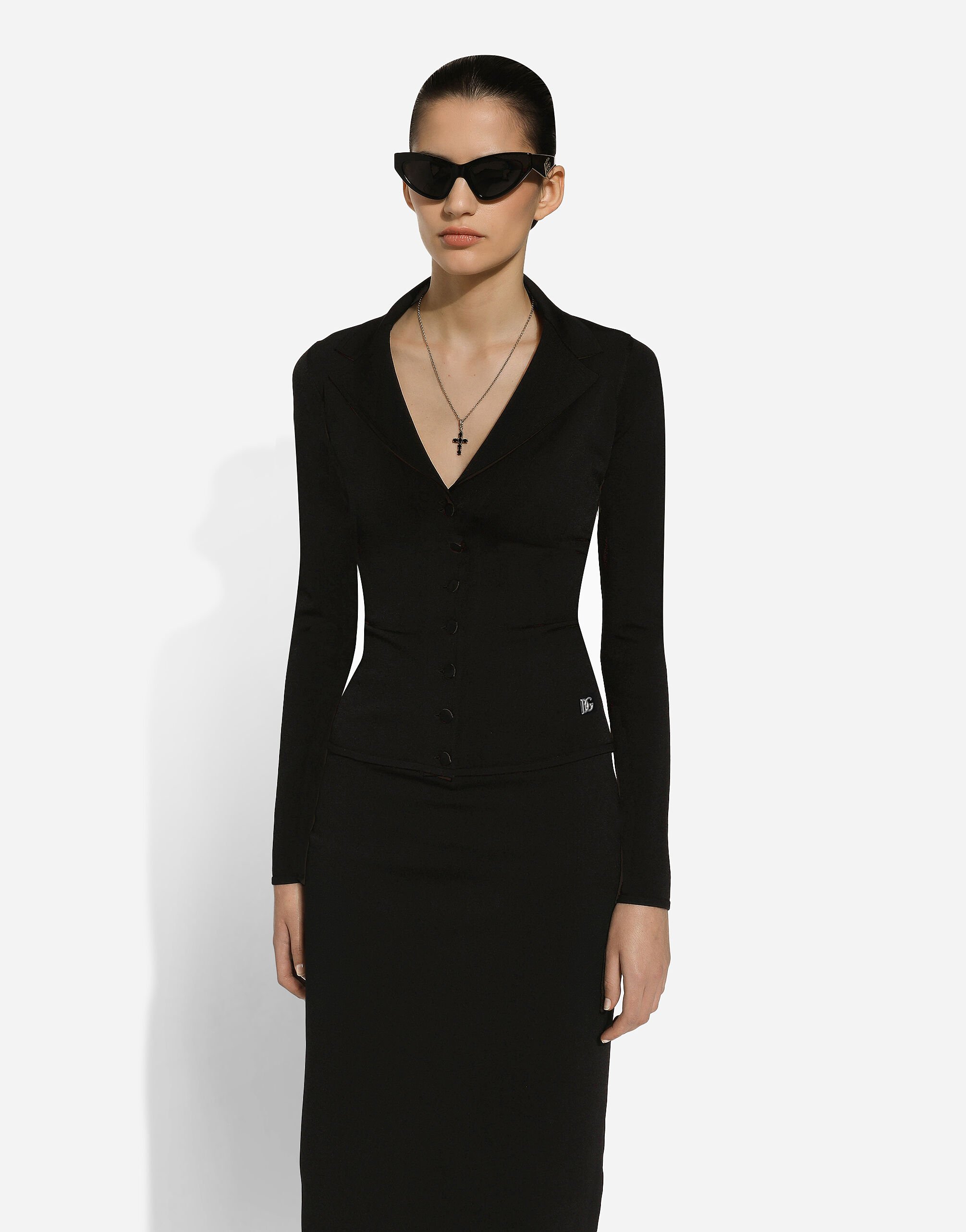 ブラックのウィメンズ DGロゴ ストレッチビスコース ニット ショートジャケット | Dolce&Gabbana®
