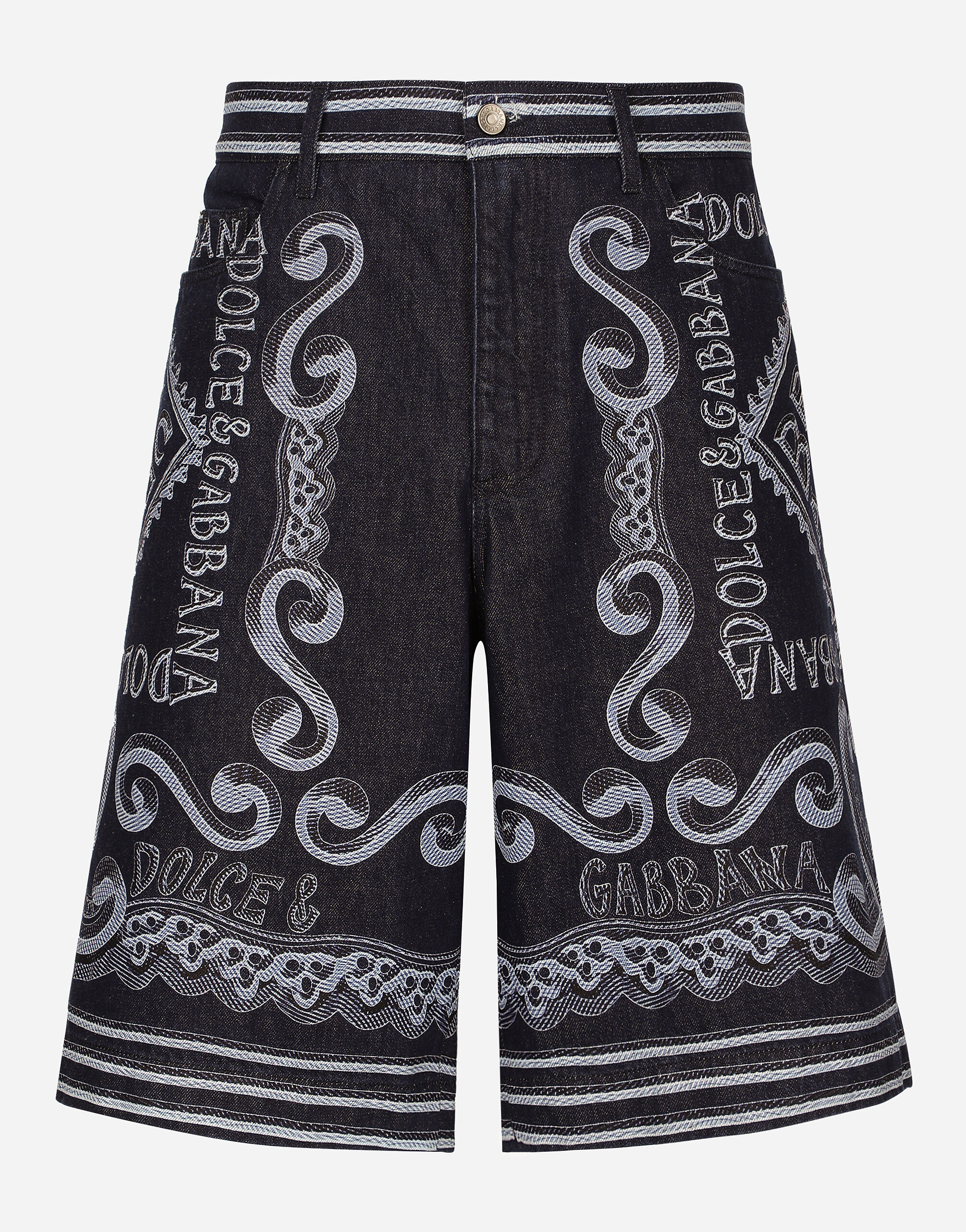 Dolce & Gabbana Jeans-Bermudas aus blauem Denim Marina-Print Mehrfarbig G5LI1DG8KP6