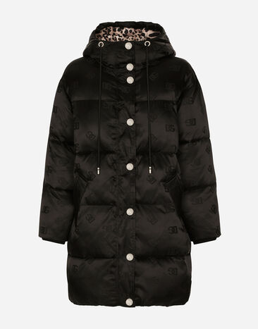 Dolce & Gabbana Long satin down jacket with all-over DG logo Black F9P49TFJSCE