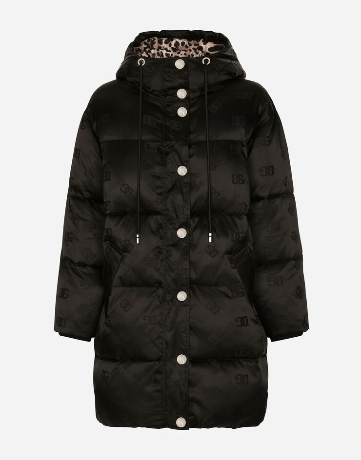 Dolce & Gabbana Long satin down jacket with all-over DG logo Black F9P49TFJSCE