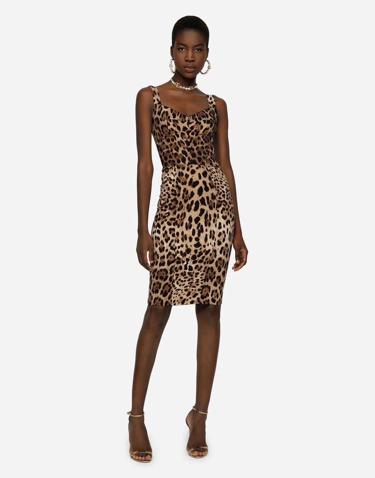 Dolce & Gabbana Robe corset mi-longue en cady à imprimé léopard Multicolore F63D4TFSADD