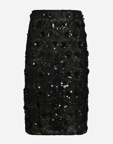 Dolce & Gabbana Gonna longuette in pizzo ricamata allover in paillettes Nero F4CW8ZILMA0
