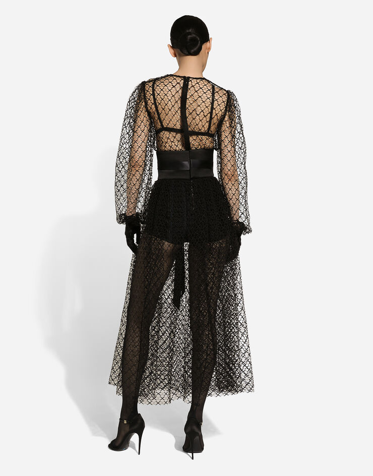Dolce & Gabbana Longuette-Kleid Netzgewebe mit Gürtel aus Wollkrepp Schwarz F6JOITILMBE