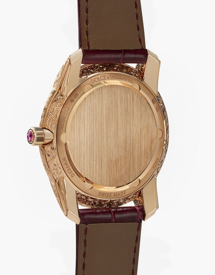 Dolce & Gabbana Orologio DG7 Gattopardo in oro rosso con madreperla rosa e rubini Bordeaux WWFE2GXGFRA