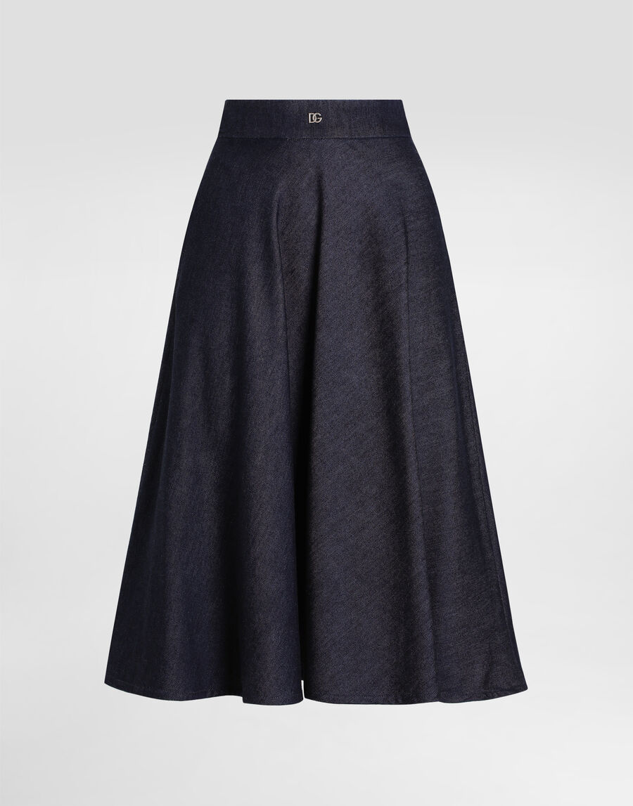 Denim calf-length circle skirt with DG logo pin