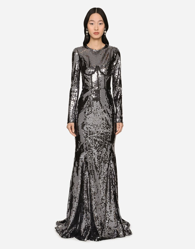 Dolce & Gabbana Robe longue à paillettes et détail bustier Gris F6AUGTFLSHF