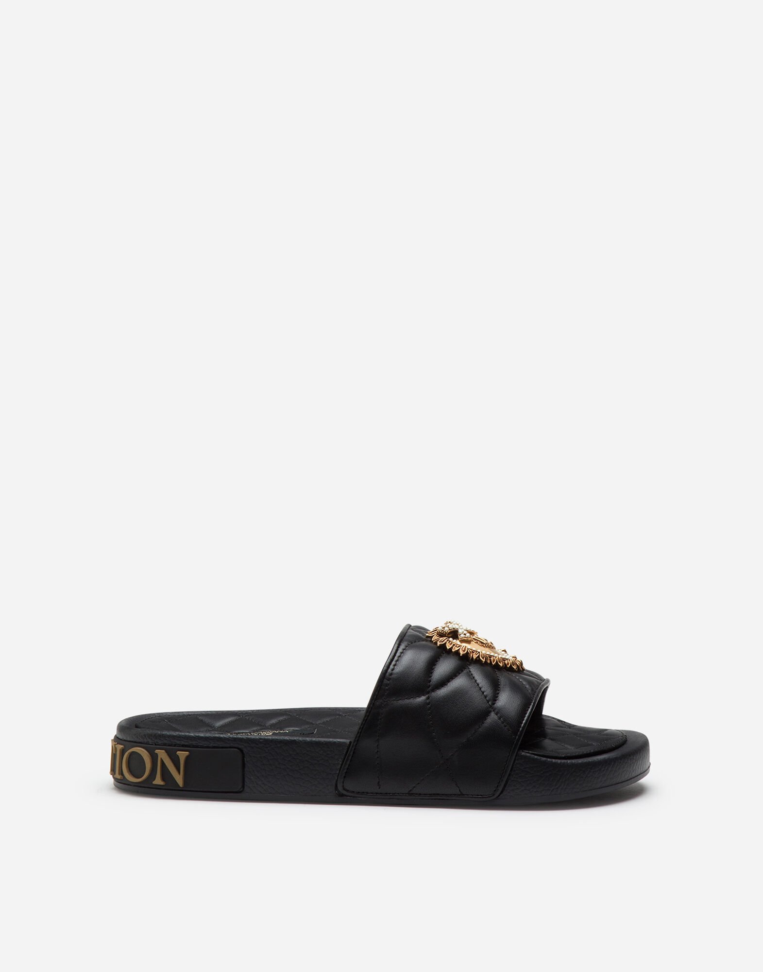 Beachwear Devotion slides in matelasse nappa leather in BLACK for Women Dolce Gabbana US
