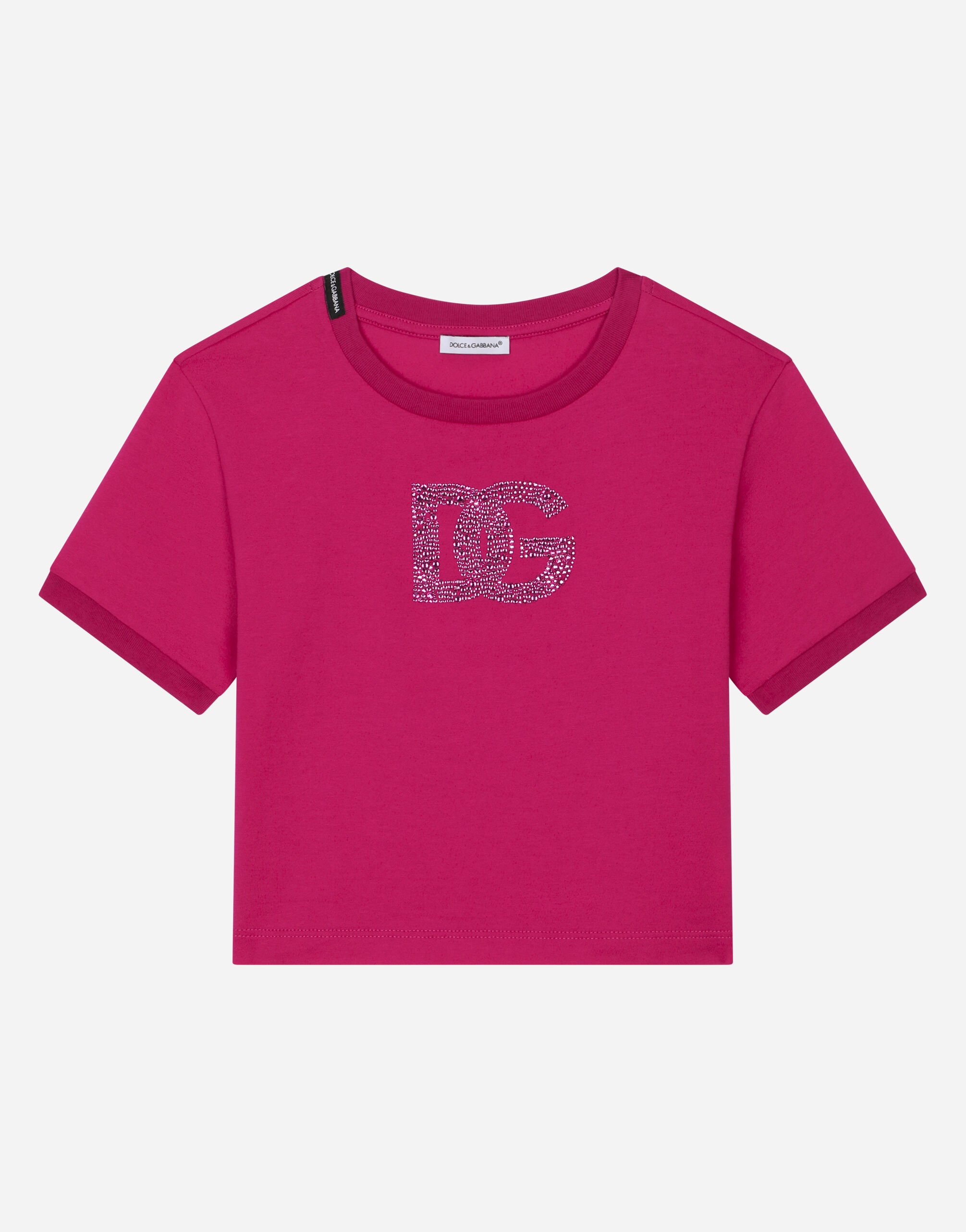 Dolce&Gabbana Jersey T-shirt with rhinestone logo Fuchsia L5JTJQG7J6Q