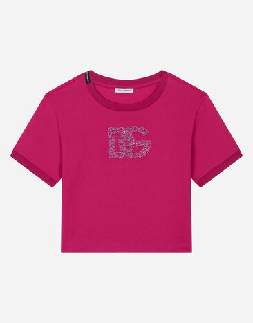 Dolce&Gabbana Jersey T-shirt with rhinestone logo Fuchsia L5JTLKG7J6P