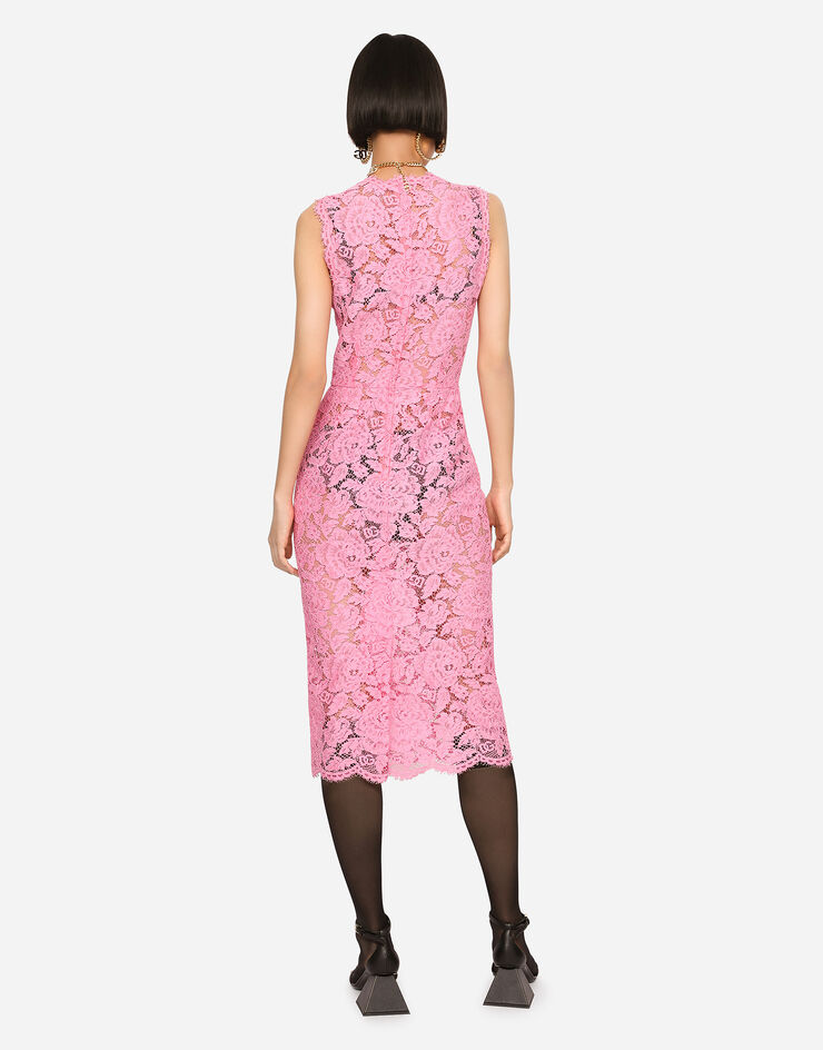 Dolce & Gabbana Vestido longuette de encaje elástico con logotipo Rosa F6H0ZTFLRE1