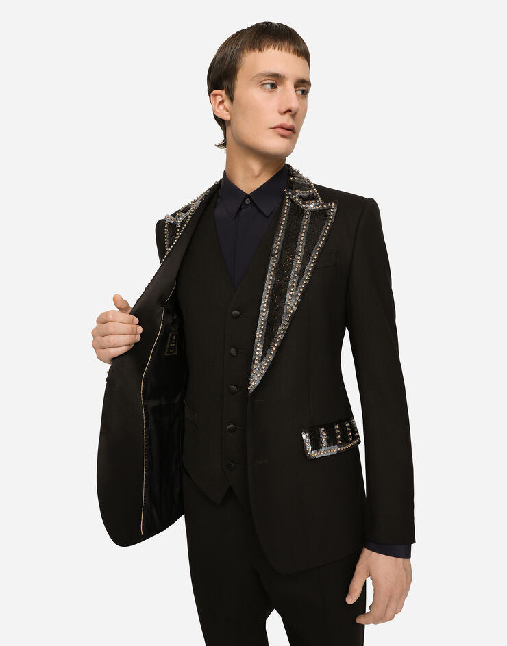 Dolce & Gabbana Three-piece stretch wool Sicilia-fit suit with rhinestones Black GKGIMZFUBE7