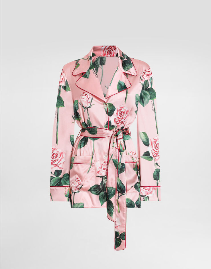 Dolce & Gabbana Camisa estilo pijama de raso con estampado de rosas Imprima F5T44TFSA7D