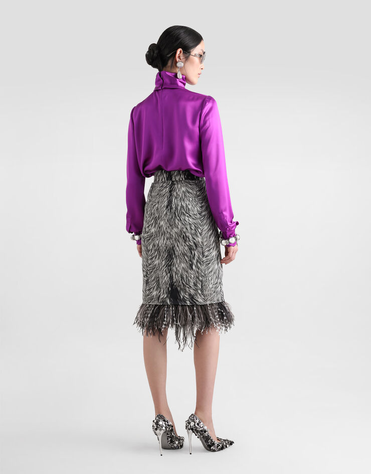 Dolce & Gabbana Jupe fourreau mi-longue en charmeuse à imprimé fourrure et plumes Gris F4C1ITFSA71