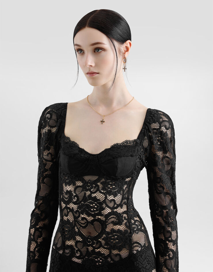 Dolce & Gabbana Longuette-Kleid aus floraler Spitze mit BH-Cups Schwarz F6JMRTFLUBV