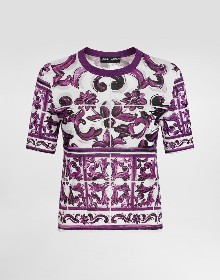Dolce & Gabbana Jersey de seda con estampado de mayólica Multicolor FXX03TJAHKG