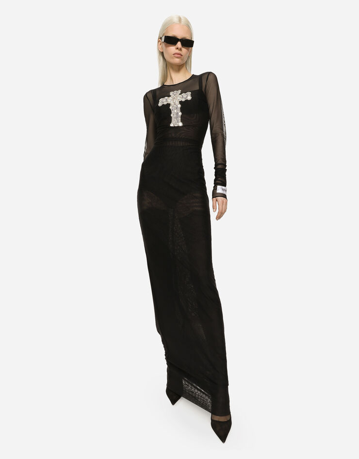 Dolce&Gabbana Langes Tüllkleid mit Kreuzstickerei aus Strass Schwarz F6BEZZFLRC2