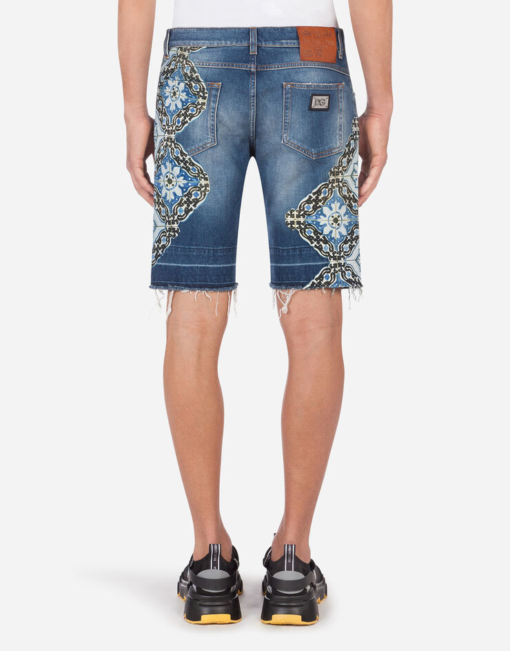 Dolce & Gabbana Stretch denim bermuda shorts with maiolica print BLU GY71LDG8CI4