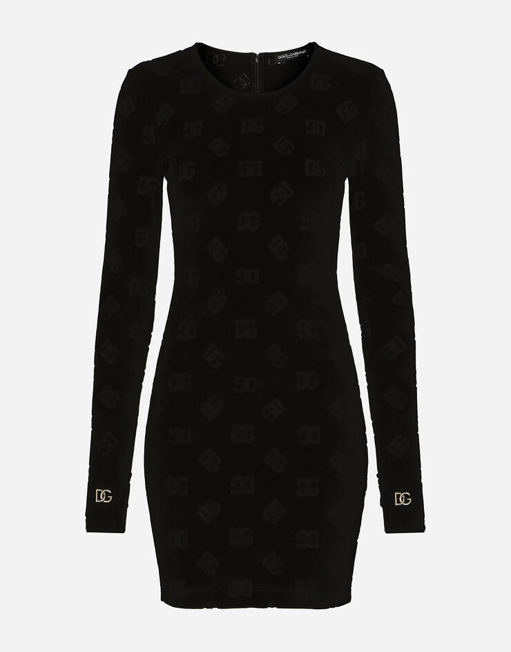 Dolce & Gabbana Kurzes Kleid aus beflocktem Jersey mit DG-Logo allover Schwarz F6ATTTFJ7DL