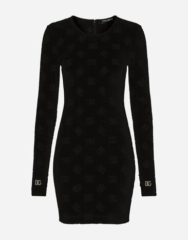 Dolce & Gabbana Short flocked jersey dress with all-over DG logo Black BB7117A1037
