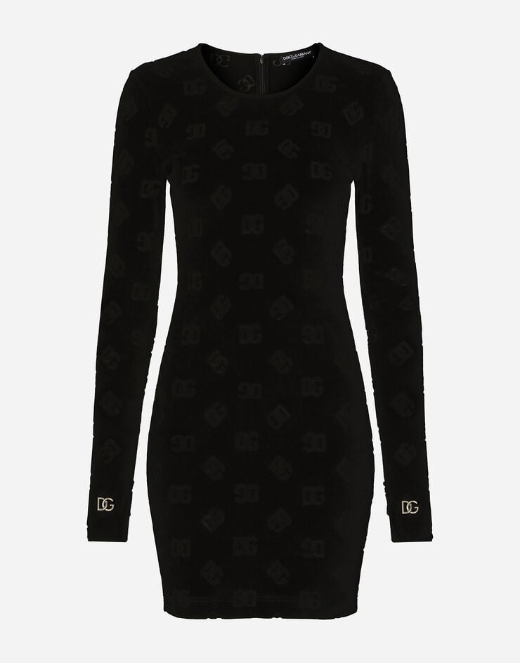 Dolce & Gabbana Kurzes Kleid aus beflocktem Jersey mit DG-Logo allover Schwarz F6ATTTFJ7DL