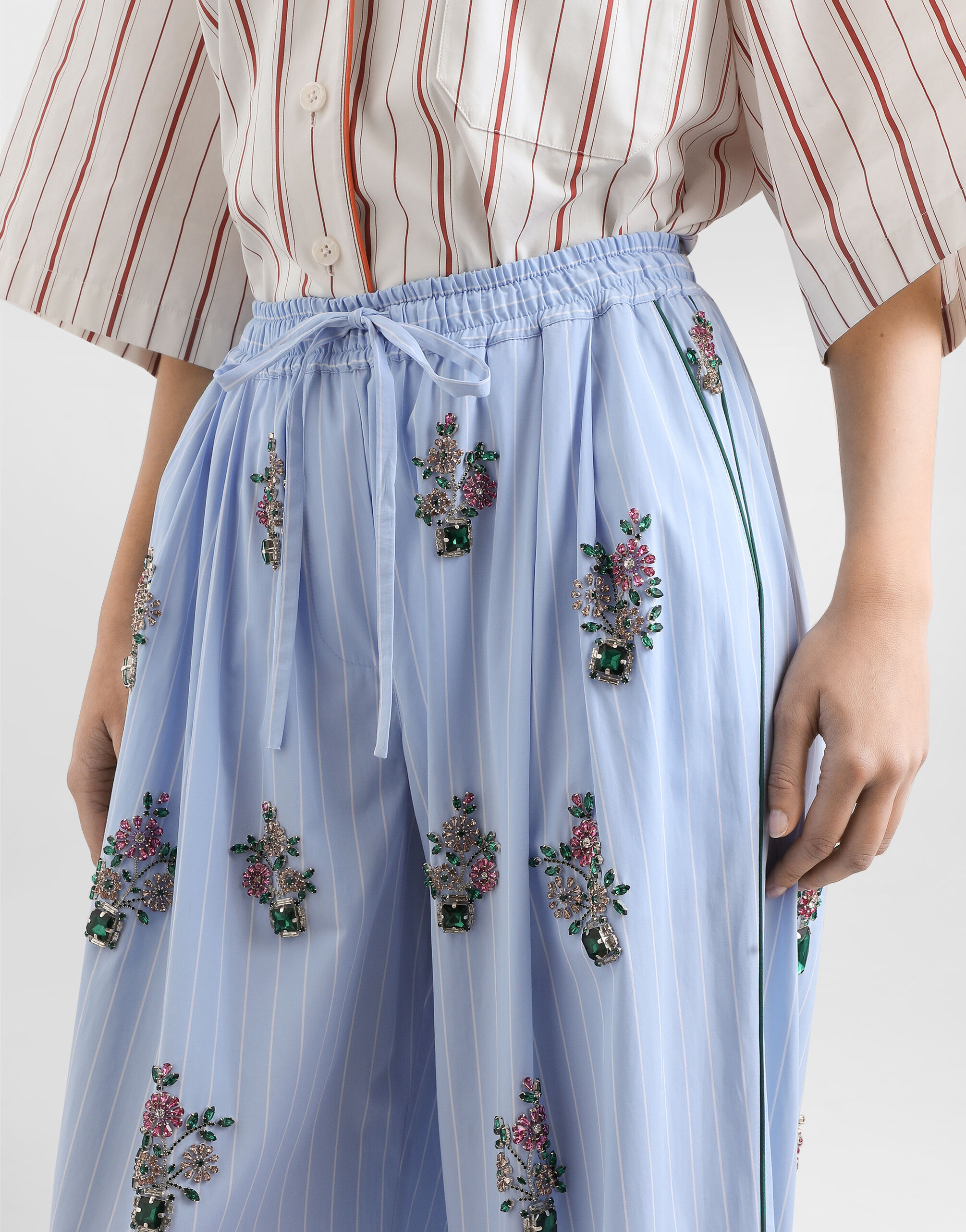 Striped poplin trousers with crystal flower embroidery in