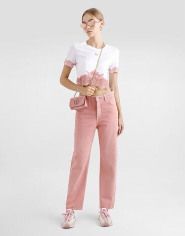 Dolce & Gabbana T-shirt cropped in jersey con inserti in pizzo e logo DG Bianco F8V22TFU7EQ