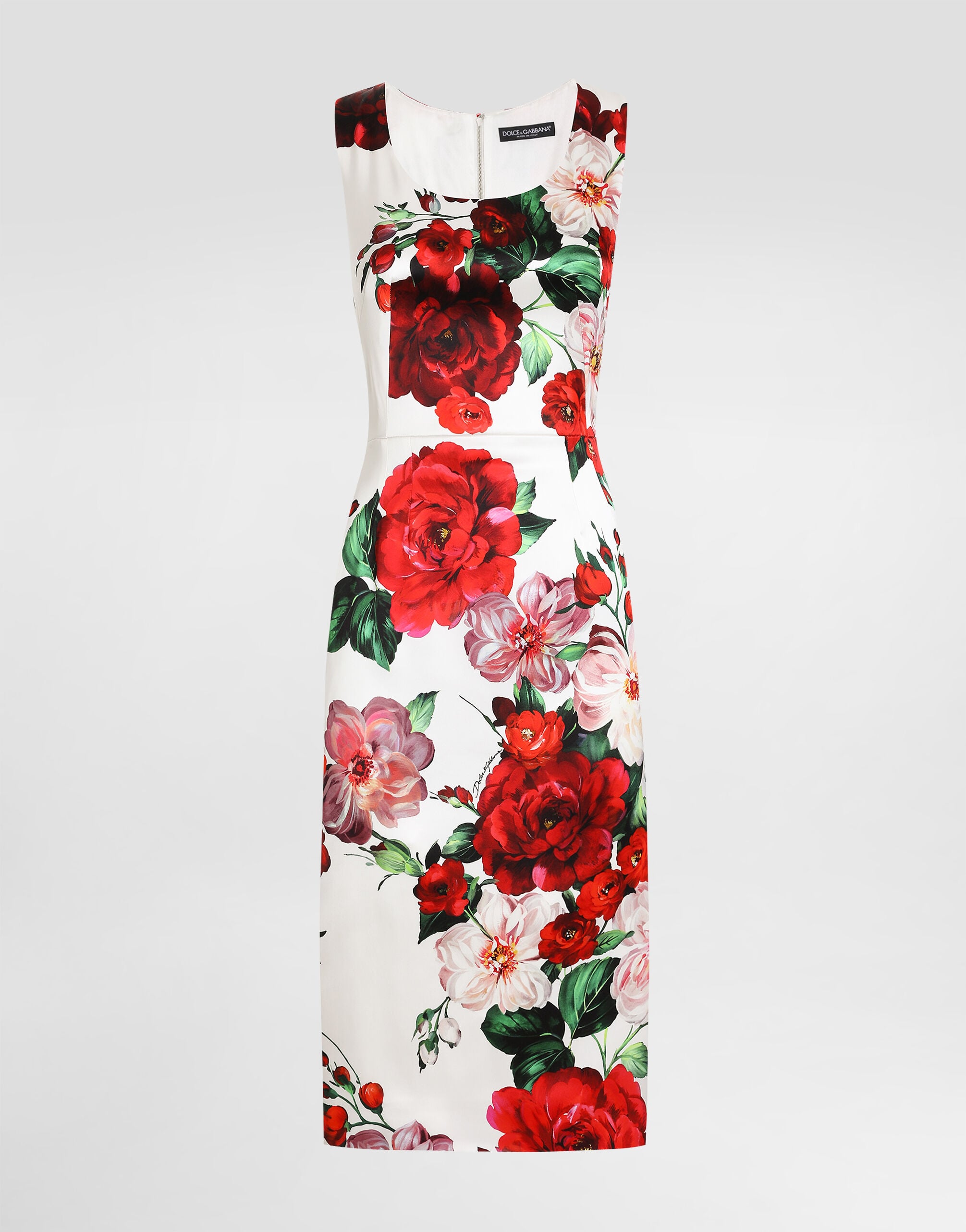 Sleeveless satin calf-length dress with rose print in Print for