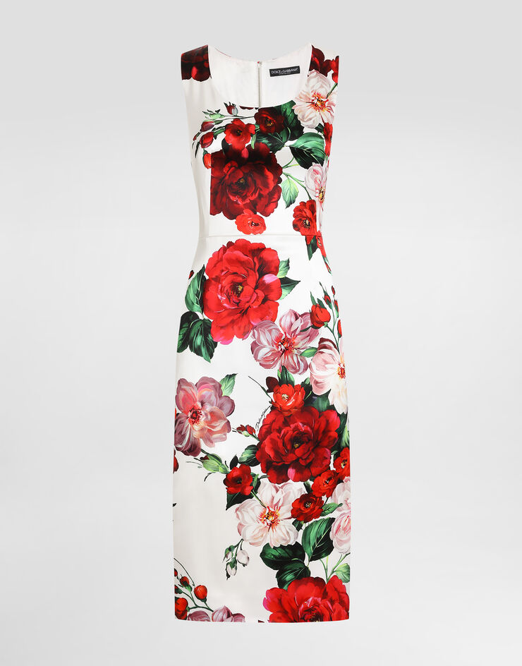 Dolce & Gabbana Sleeveless satin calf-length dress with rose print Print F6ZJ6TFSIB4