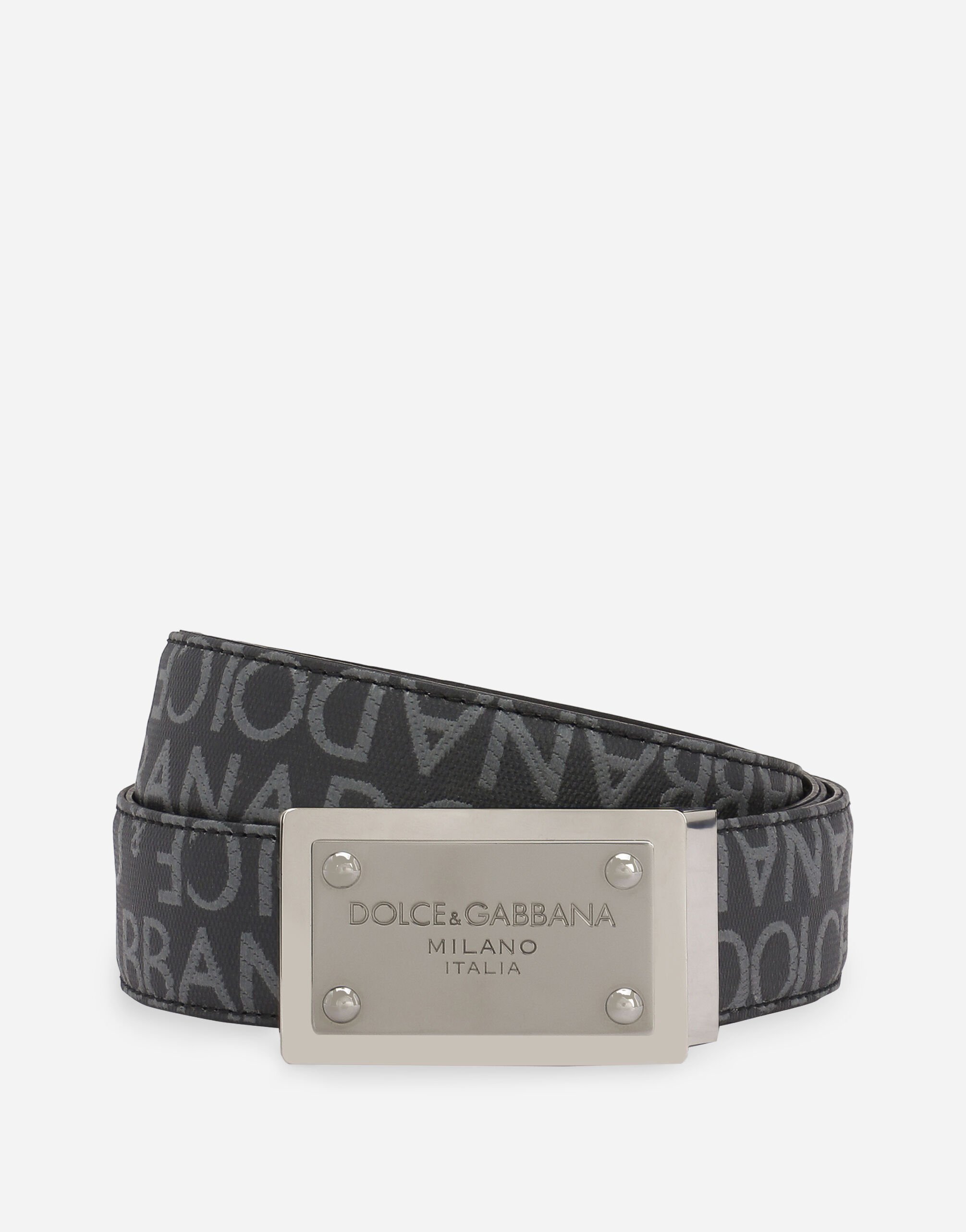 Dolce & Gabbana Gürtel aus beschichtetem Jacquard mit Logoplakette Schwarz BC4646AX622