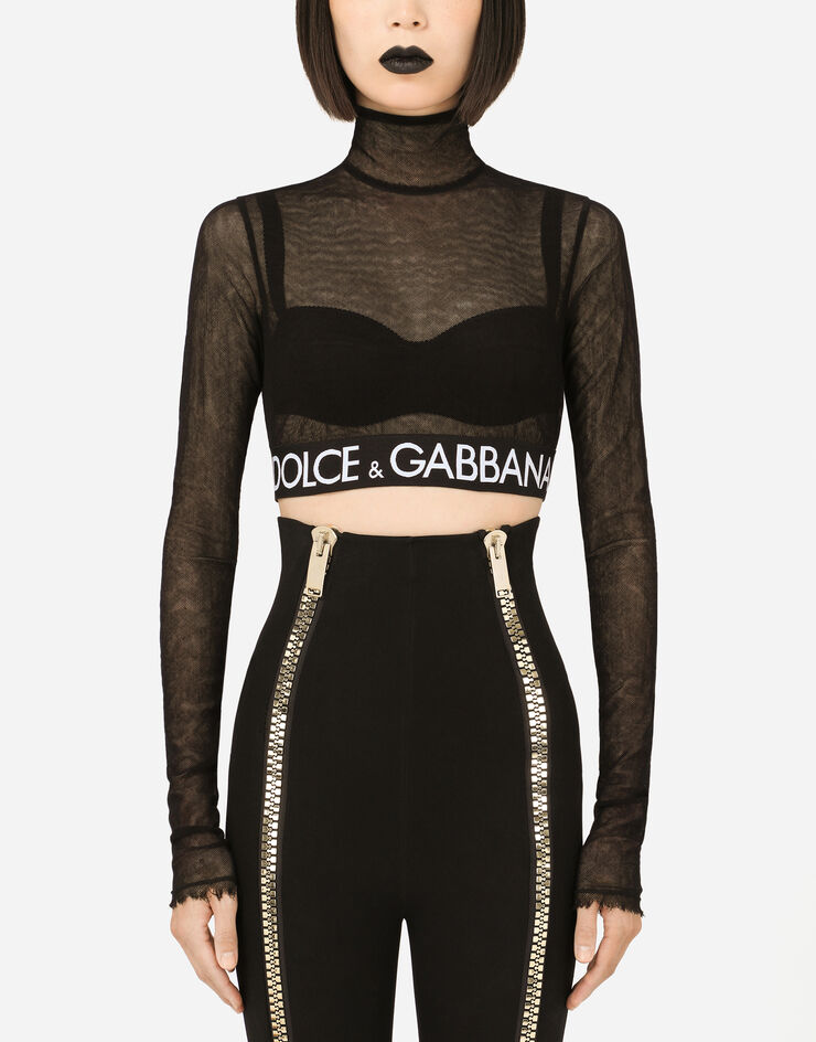 Dolce & Gabbana Tulle crop top with branded elastic Black F8N63TFLEAA