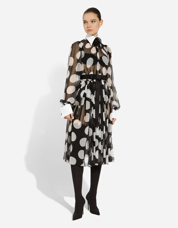 Dolce & Gabbana Longuette-Kleid aus Chiffon Punkteprint mit Details aus Piqué Print F6JGHTHS10S