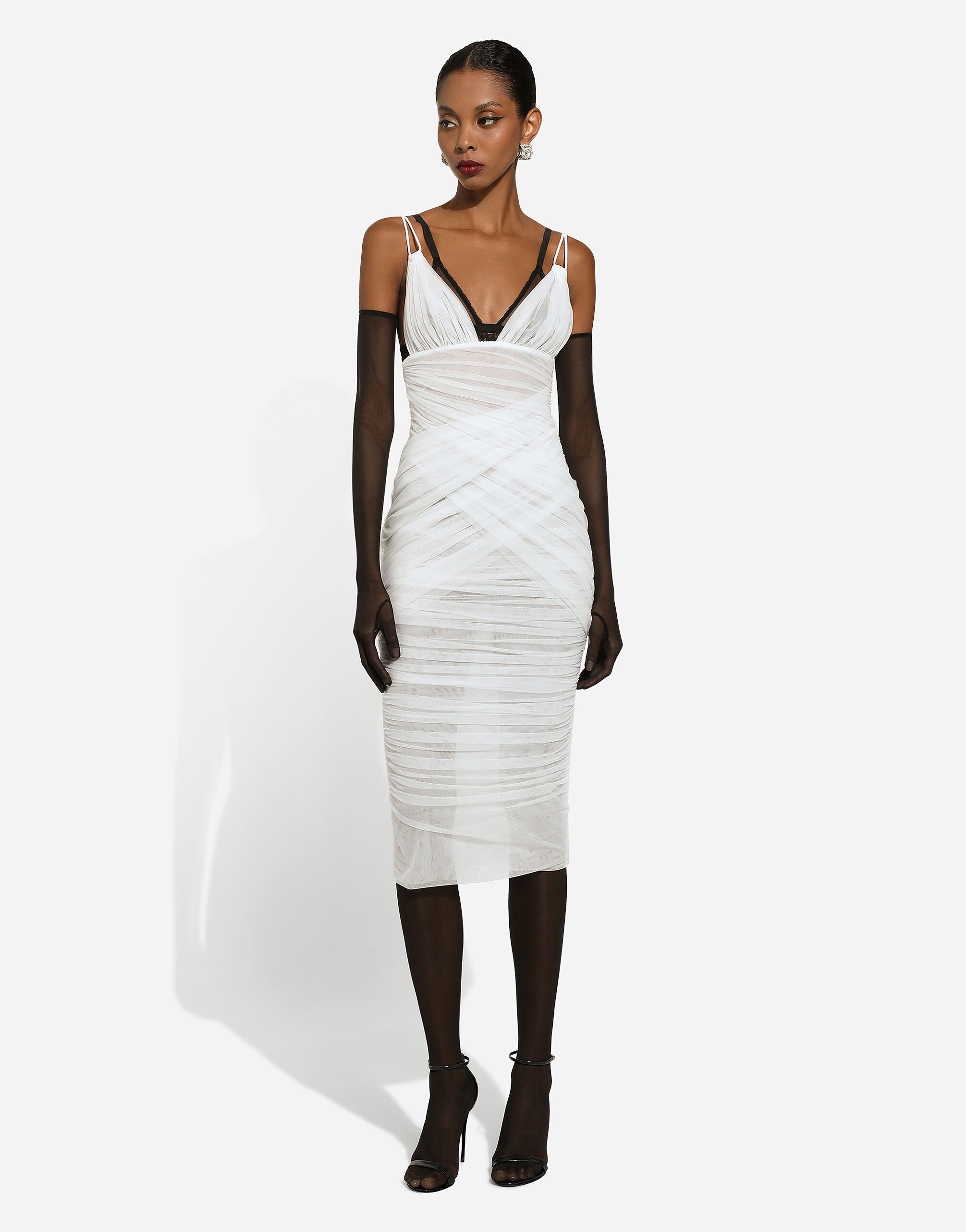 Tulle draped calf-length dress in White for Women