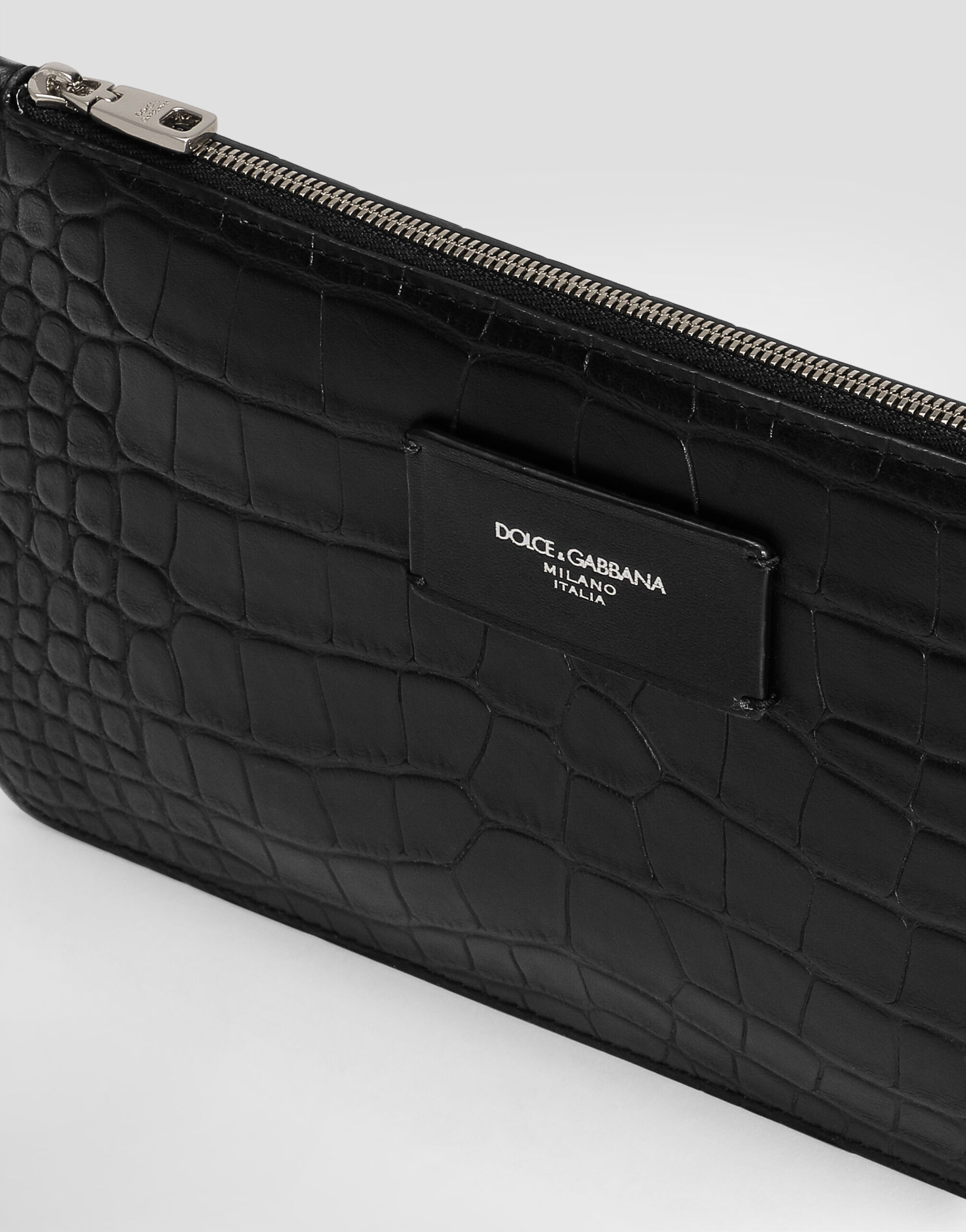 Crocodile-print calfskin toiletry bag in Black for Men