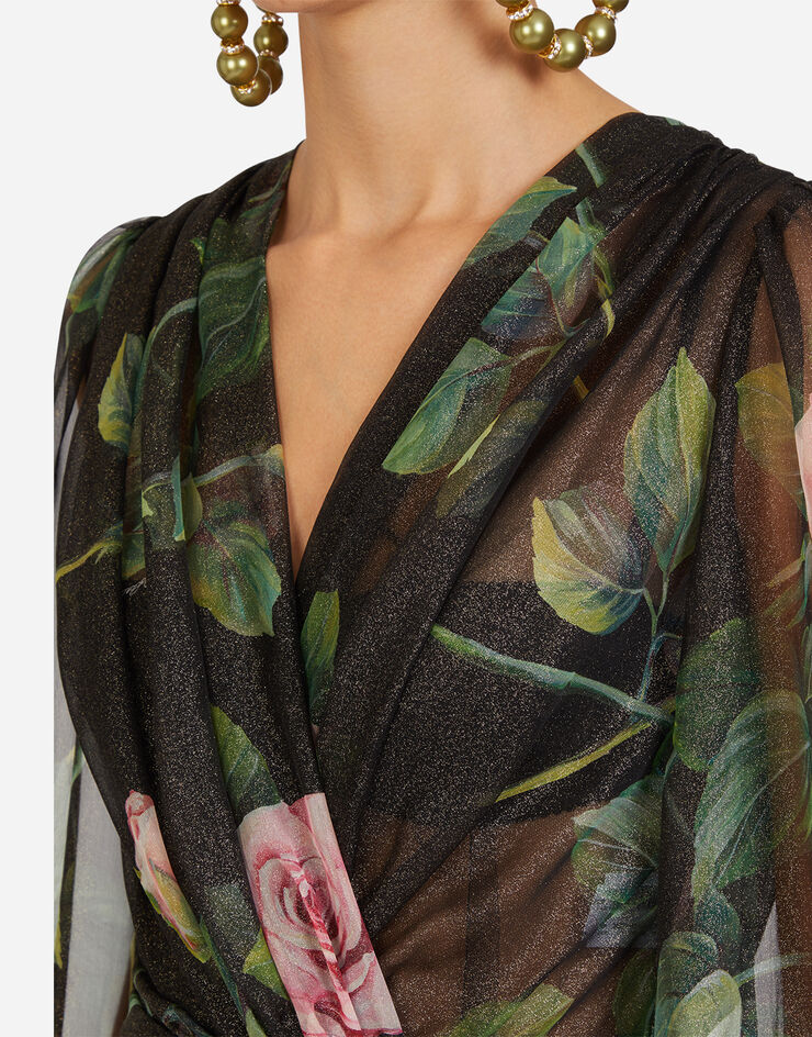 Dolce & Gabbana SHORT TROPICAL ROSE PRINT CHIFFON LAMÉ DRESS STAMPA FLOREALE F6H9OTHS19W