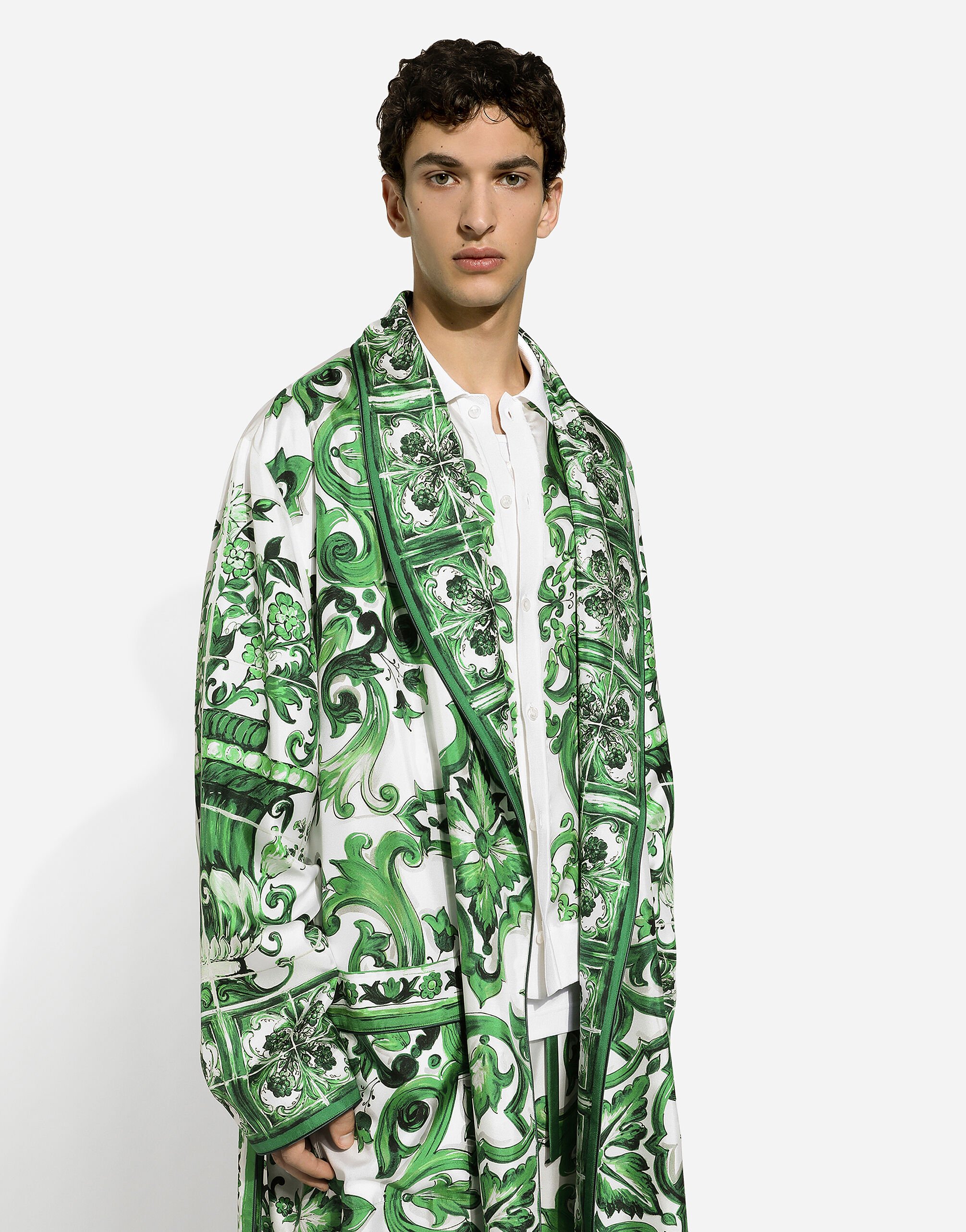 Silk twill robe with majolica print in Print for Men