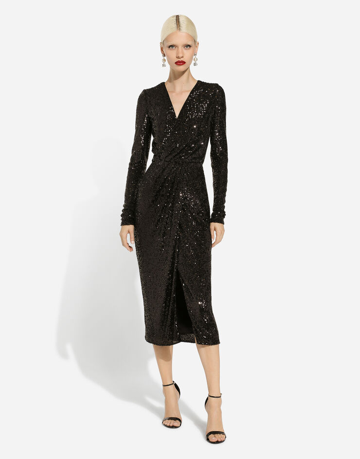 Dolce & Gabbana Longuette-Kleid aus Mikropailletten Schwarz F6DHFTFLUBW