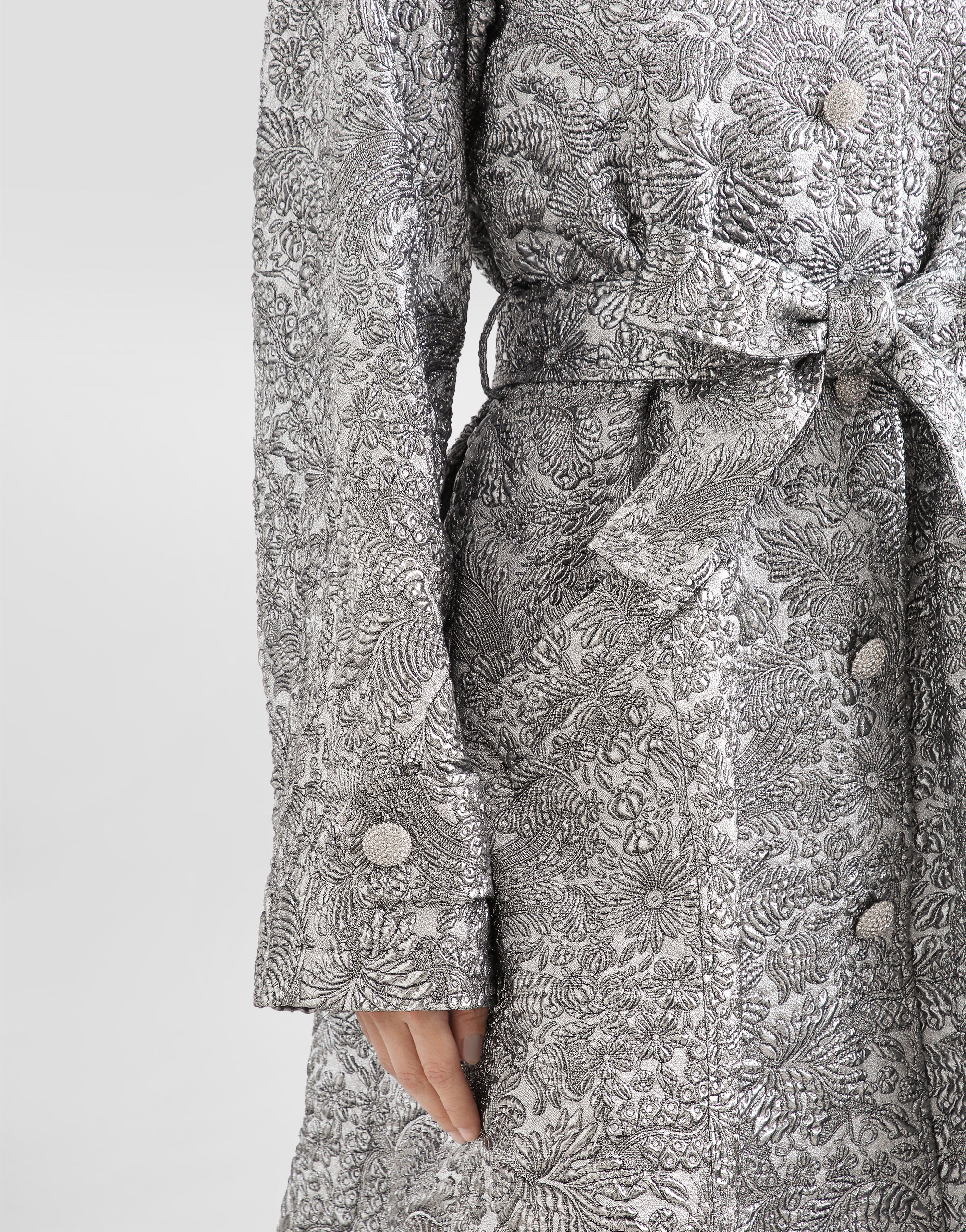 Lamé floral jacquard fabric trench coat in Silver for Women