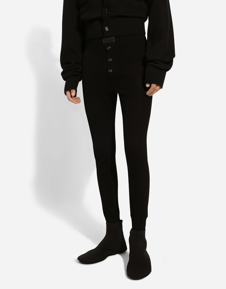 Dolce & Gabbana Leggings aus gerippter Baumwolle mit Plakette Black GXU01TJBCCO