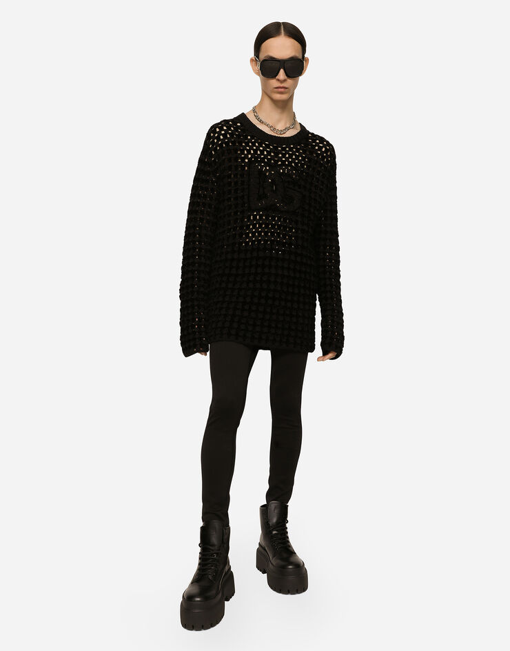 Dolce & Gabbana Crochet-stitch round-neck sweater with DG logo Black GXN41TJEMI9
