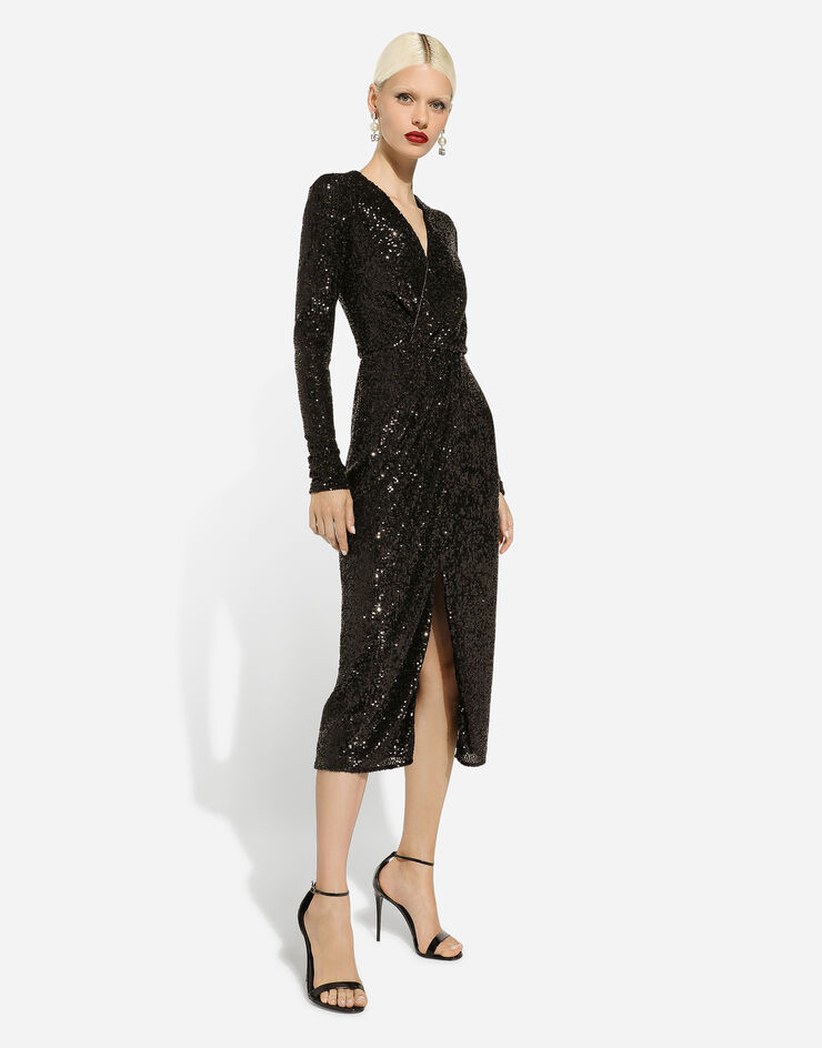 Dolce & Gabbana Longuette-Kleid aus Mikropailletten Schwarz F6DHFTFLUBW