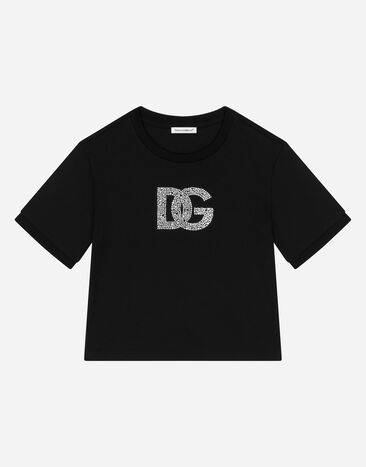 Dolce & Gabbana T-Shirt aus Jersey mit Strasslogo Schwarz L5JTLKG7KU8