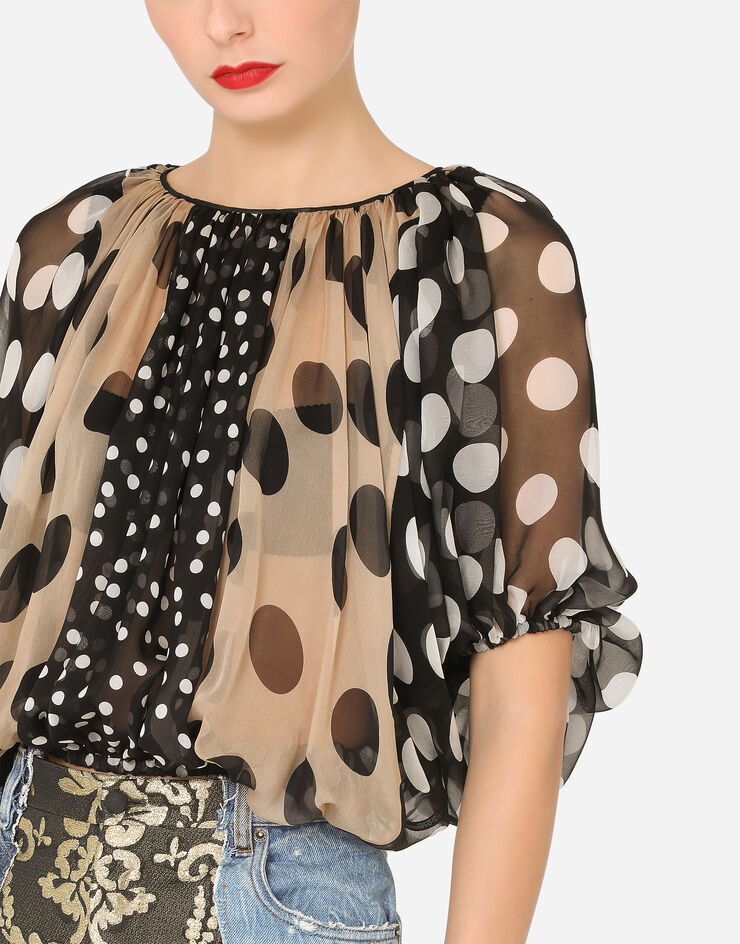 Dolce & Gabbana Short-sleeved patchwork chiffon blouse BLEU F75B1TGDX68