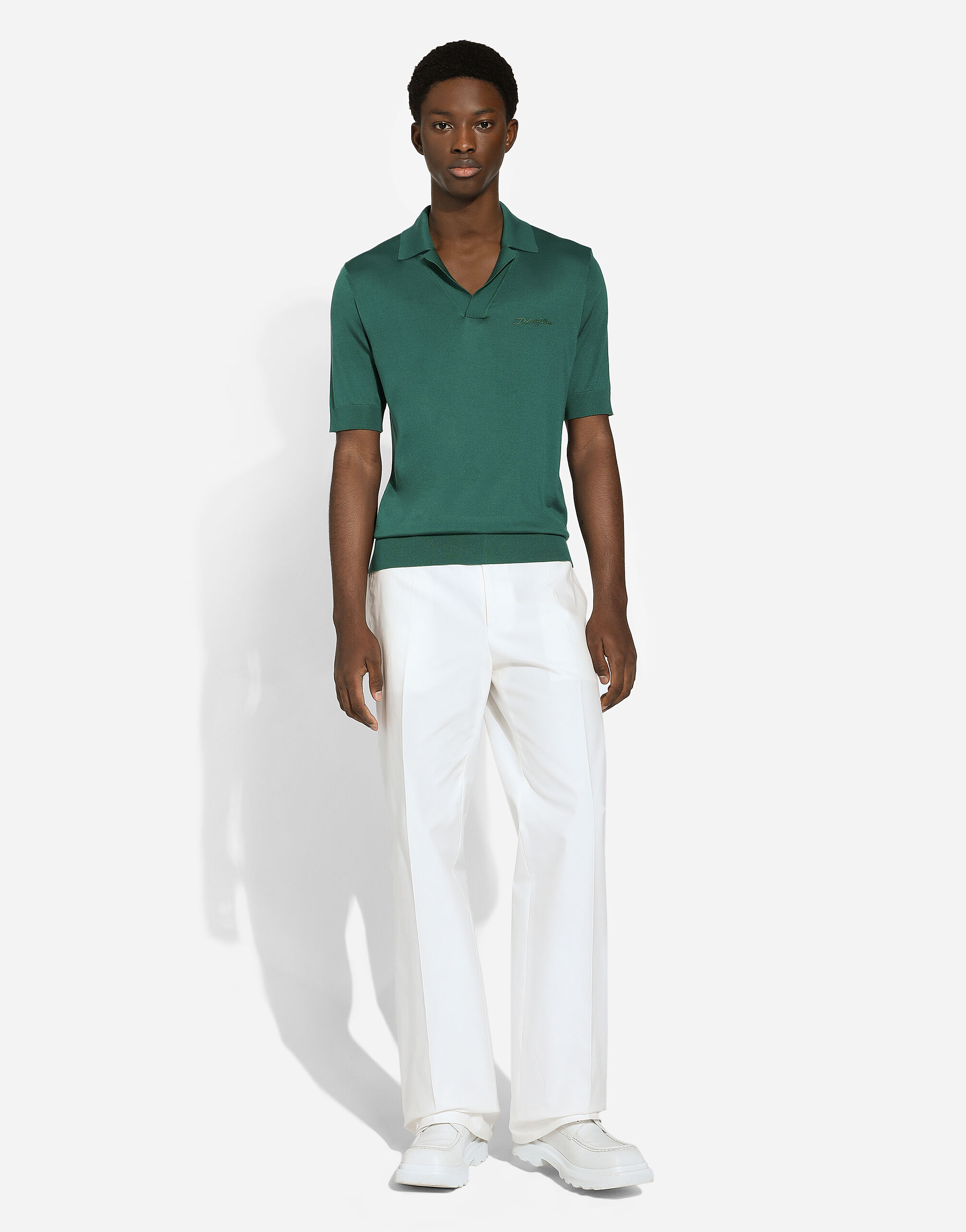 Silk polo-shirt with Dolce&Gabbana embroidery in Green for Men |  Dolce&Gabbana® US