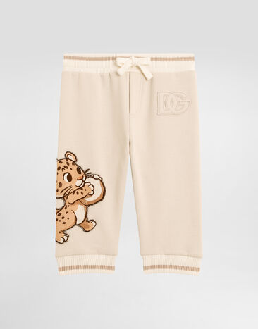Dolce & Gabbana Oversized fleece trousers with DG patch and leopard print Beige L1JPKVG7PJN