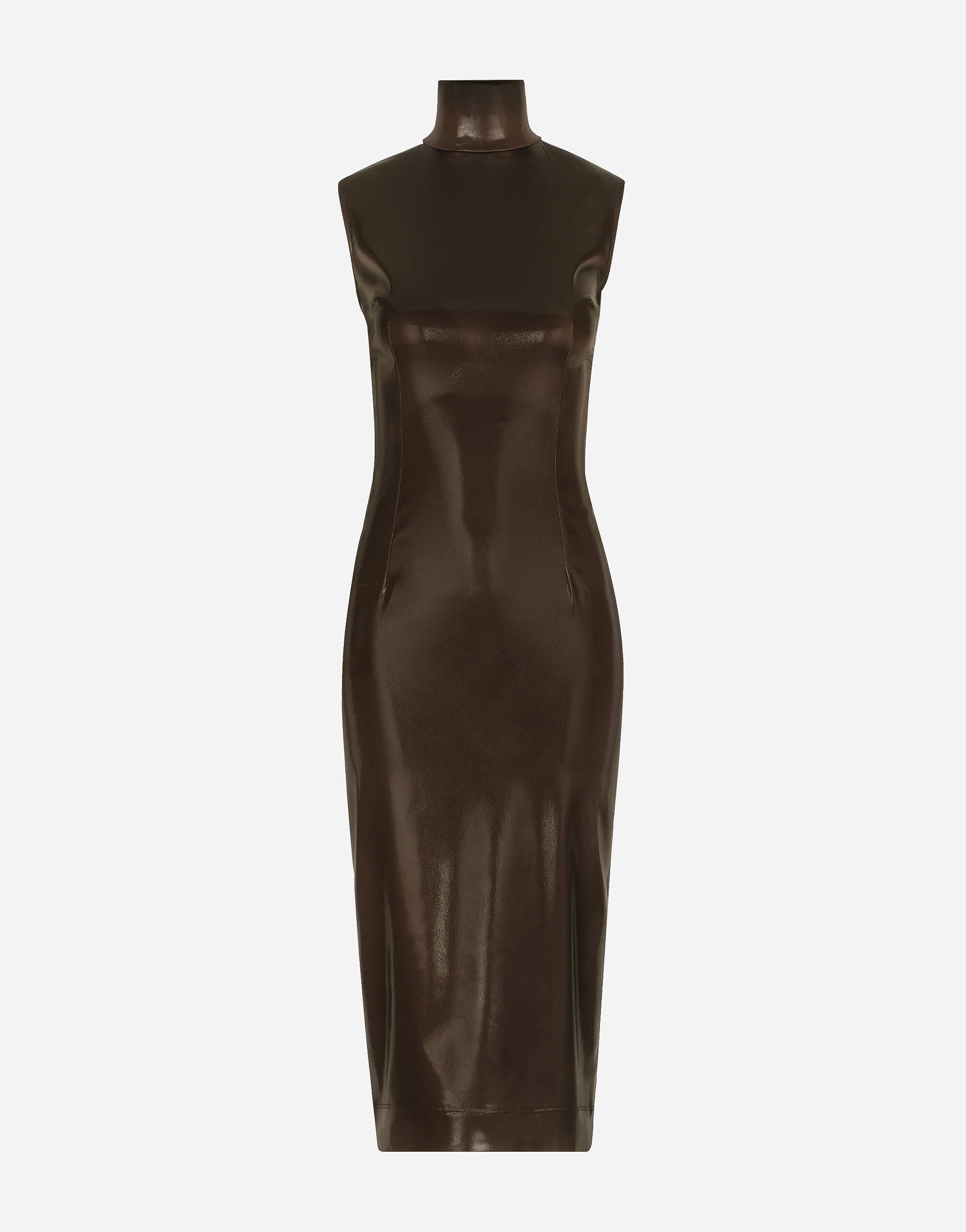 Dolce&Gabbana Sleeveless calf-length dress in shiny satin Brown F4CPETFUWEU