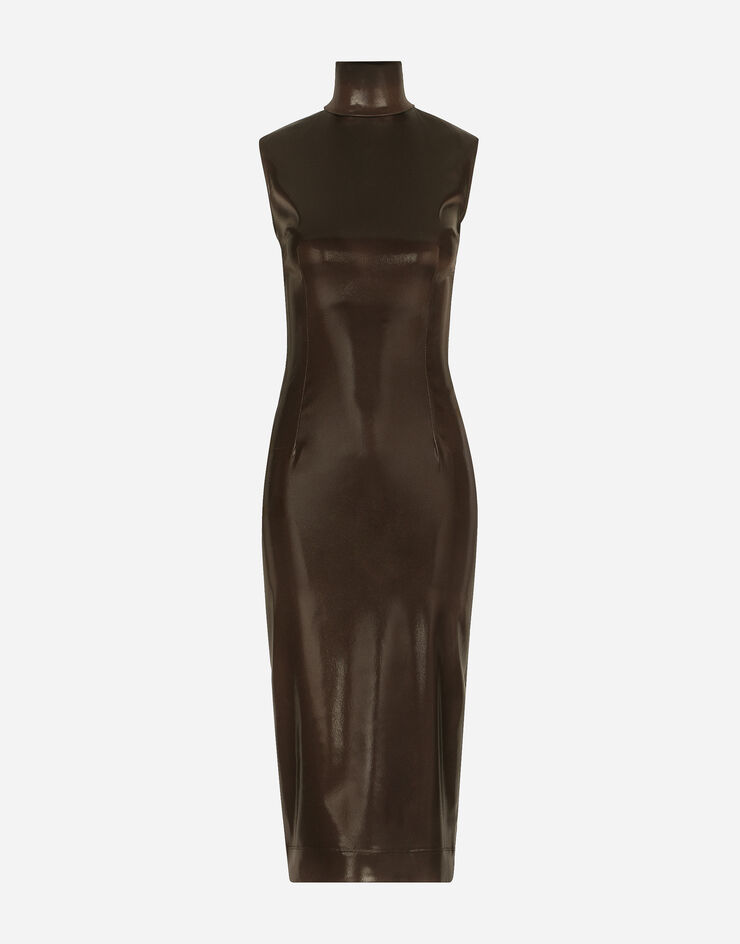 Dolce&Gabbana Sleeveless calf-length dress in shiny satin Brown F6COCTFURMV