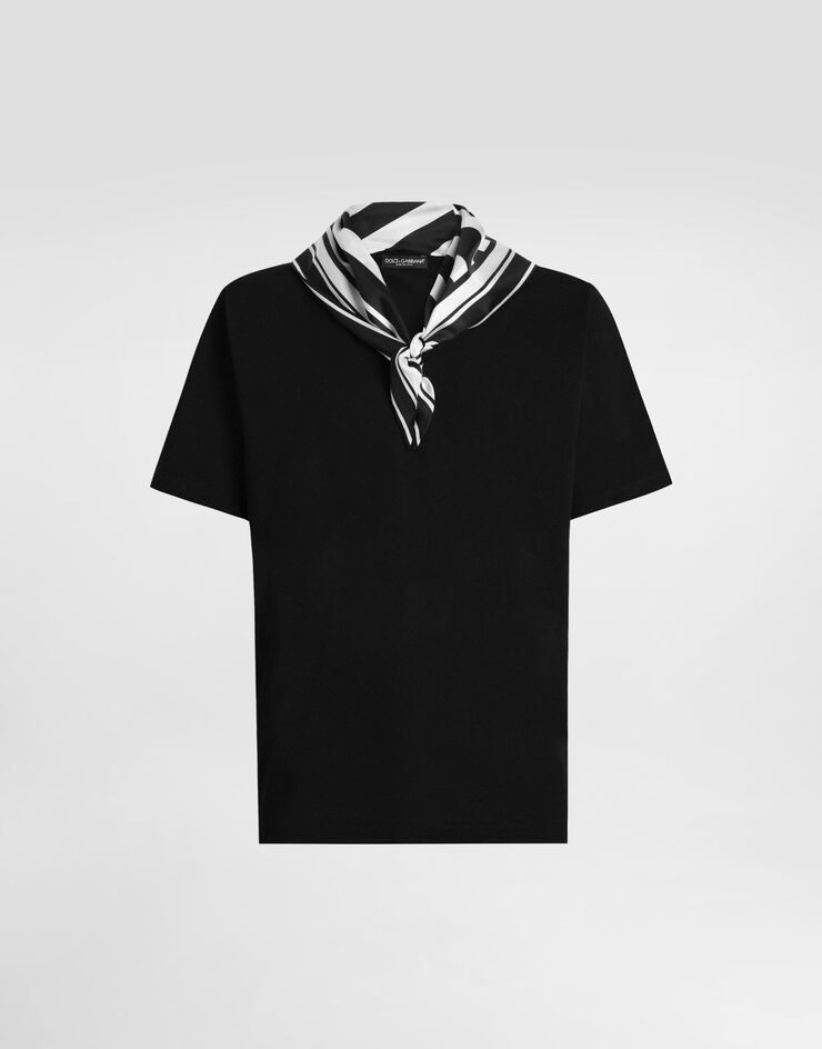 Dolce & Gabbana Kurzarm-T-Shirt aus Jersey mit Seidentuch am Kragen Schwarz G8SR8TG7O8E