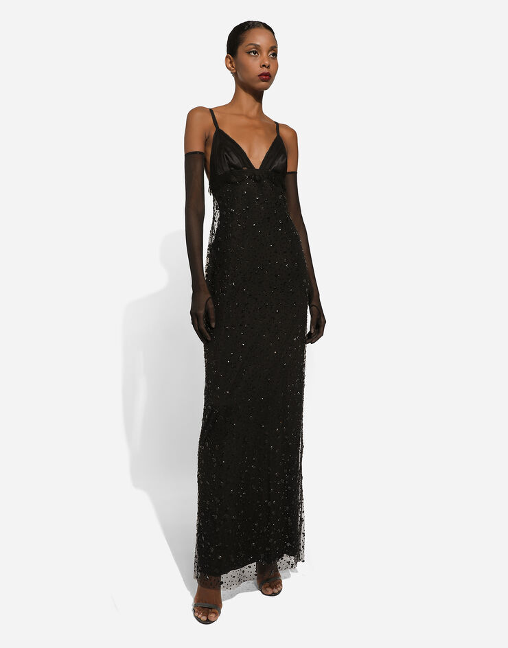 Dolce&Gabbana Vestido largo tipo combinación de tul con bordado integral de strass Negro F6DFFZHLSAZ