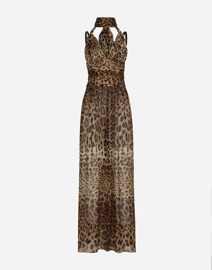Dolce & Gabbana Langes Kleid aus Chiffon Leoprint Print F6JGUTFS1AR
