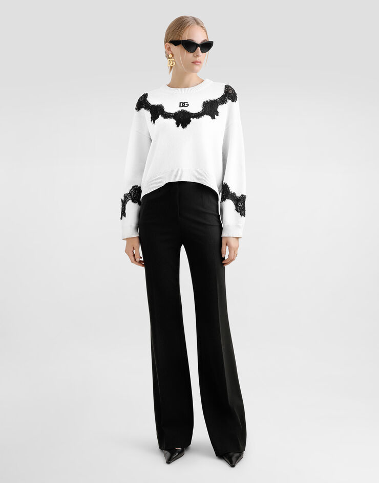 Dolce & Gabbana Wool sweater with DG logo and lace inserts White FXX29ZJCVT5